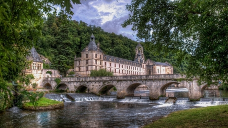 gorgeous bridge at brantome dordogne castle france hdr - trees, falls, river, castle, hdr, bridge