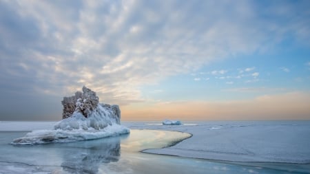 frozen beach - ice, frozen, winter, beach, rock, sea