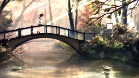 Taking A Walk - sunlight, trees, anime, anime girl, water, nature, tree branches, bridge