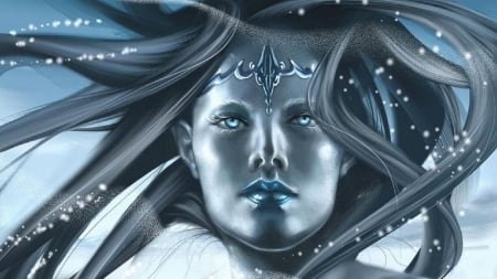 Snow queen - silver, winter, girl, blue, art, fantasy, woman, snow, queen