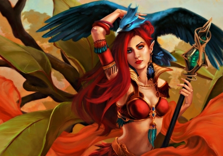 Fantasy girl - woman, dancer, redhead, girl, schultzee, wings, fantasy, bird, art, game, red, blue, feather