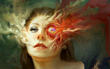 Desintegrated - woman, girl, eye, fantasy, desintegrated, art, red, green, miles-johnston