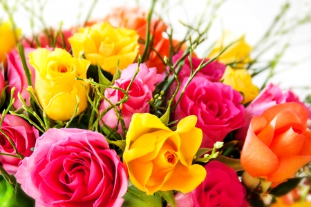 Bouquet of colorful roses - pretty, roses, beautiful, fragrance, lovely, petals, bouquet, leaves, flowers, colorful, scent