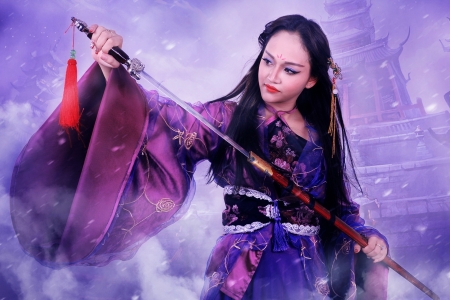 Samurai - woman, girl, samurai, asian, model, purple, katana, pink, sword, kimono