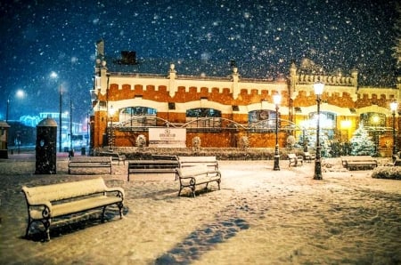 Wintertime - house, benches, snow, light, sky