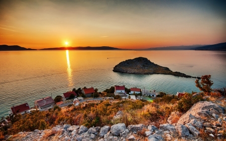 Horizon Sunset - rocks, reflection, sunset, sea, nature