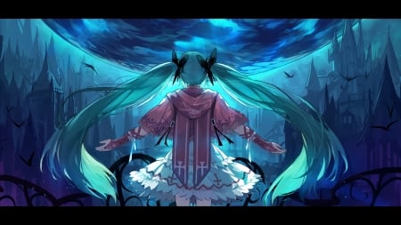 The Divided Kingdoms - pigtails, castles, vocaloid, anime, birds, hatsune miku