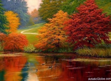 Lake - red, lakes, path, orange, trees, nature, park