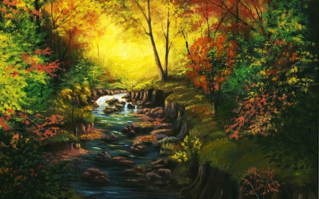 autumn creek - autumn, forest, tree, flower, creek