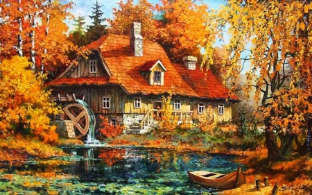 old watermill - house, river, watermill, forest