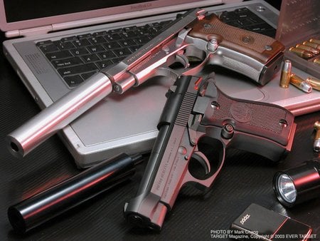 Detective's Room - black, gun, guns, weapons, laptop, wallpaper