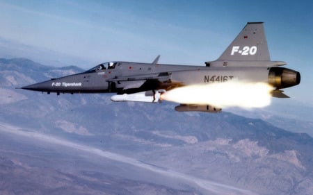 F 20 launching an AGM 65 Maverick missile. - agm-65, tigershark, entropy, wallpaper, maverick, f-20, missile