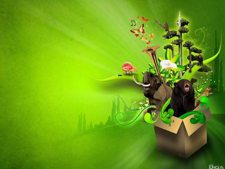 Green Wallpaper for Music - vines, colors, city, flower, monkey, bear, elephant, horn, butterfly, mushrooms, box, notes