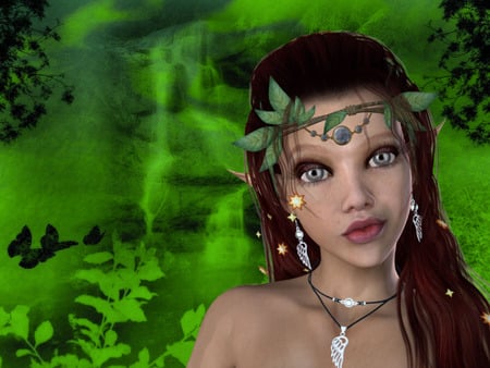 Forest Elf Princess - fantasy, elves, waterfalls, forest