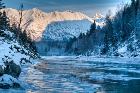 Ice on River - mountains, water, landscape, snow, sunshine