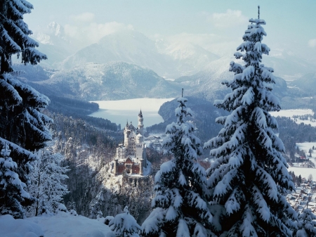 Neuschwanstein castle - nature, castle, winter, mountains, germany