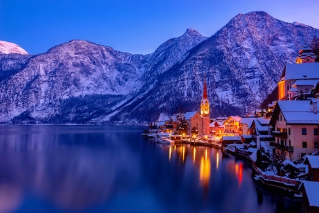 Austria in winter - calm, town, evening, snow, reflection, austria, mountain, shore, twilight, cliffs, lake, winter, beautiful, village, lights, serenity, dusk