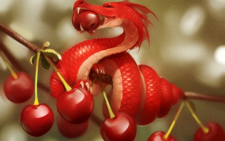 Cherry dragon - cherry, fantasy, gaudibuendia, fruit, art, red, luminos, dragon, green