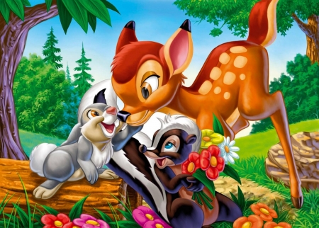 Bambi (1942) - animation, bambi, rabbit, flower, orange, fantasy, red, deer, green, skunk, disney