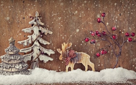 Happy Holidays! - winter, wood, deco, snow, berry, tree, christmas, white, craciun, red, card, reindeer