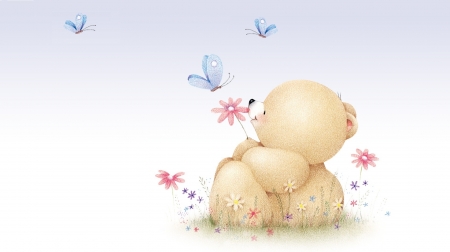 Happy Spring! - blue, spring, pink, toy, white, butterfly, teddy bear, cute, card