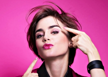 Lily Collins - woman, lily collins, actress, girl, face, kiss, pink, hand, mood