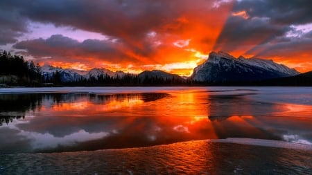 Winter sunrise - beach, sky, mountain, water, winter, shore, sunset, amazing, fiery, reflection, clouds, snow, beautiful, sea, sand, sunrise