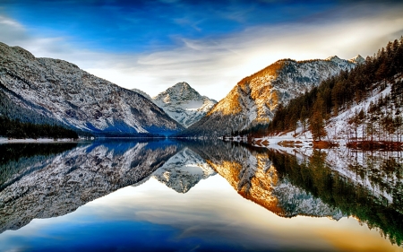 Winter reflections - mirror, winter, landscape, beautiful, lake, sky, reflection, mountain, snow