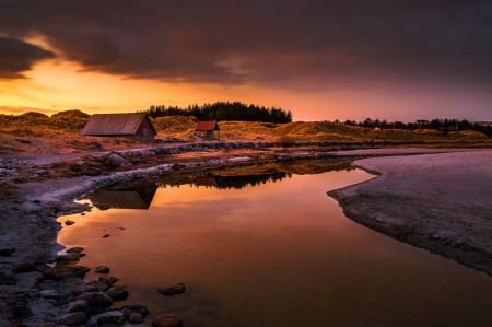 Cold Sunset - ice, reflection, snow, river, clouds, colors