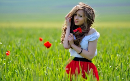 Lovely Day - flowers, field, woman, model