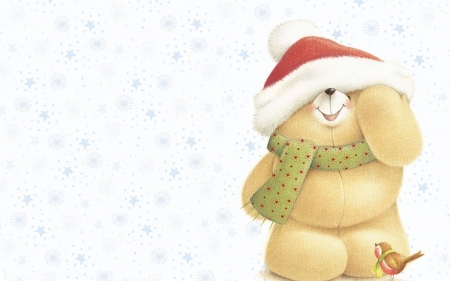 Merry Christmas! - red, cute, bird, craciun, christmas, white, toy, card, teddy bear, hat, santa