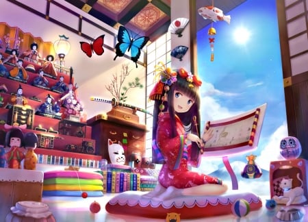 Time for lessons - cat, girl, school, colorful, liclac, red, pink, blue, anime, manga