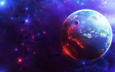 Earth - space, cosmos, blue, fire, planet, earth, stars, luminos