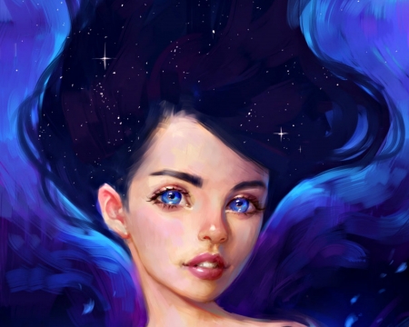 Galaxy - woman, selenada, girl, fantasy, face, art, galaxy, luminos, blue