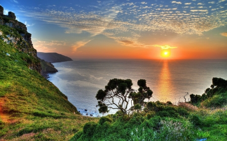 Sea Sunset,UK - clouds, sunset, nature, sea, TREES, ocean, reflection, mountain