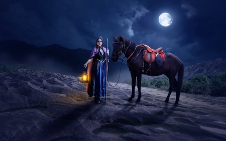 Fantasy Night - moon, lamp, girl, horse