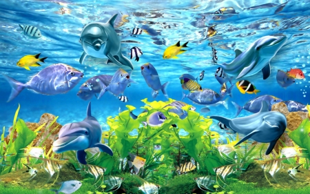 Under the Sea - corals, fishes, blue, underwater