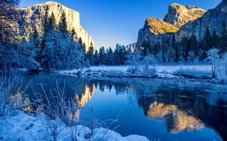 Mountain and lake in winter - ice, lake, mountain, landscape, winter, serenity, reflection, cold, mirror, snow, beautiful, frost