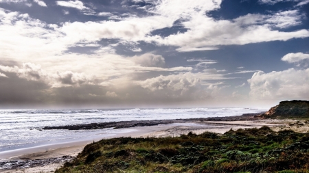 gorgeous beach - rocks, clouds, beach, sea, grass