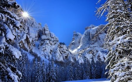 Winter mountain - forest, winter, glow, landscape, rays, beautiful, hills, frost, sun, sky, trees, mountain, snow