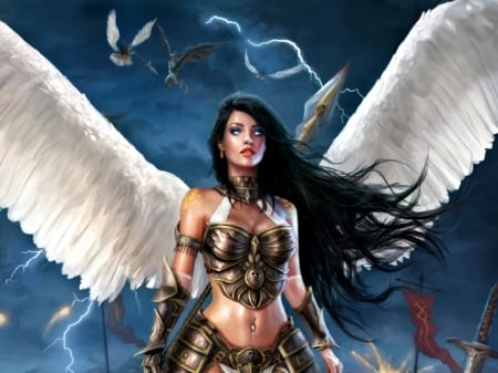 Angel - feather, game, nicole, brunette, girl, blue, art, wings, white, fantasy, jorsch, woman, angel