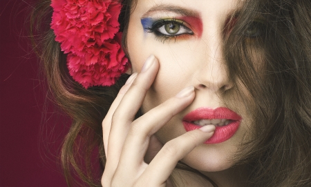 Beauty - girl, flower, rebeca saray, lips, make-up, hand, red, woman, model, face, alba lagarto