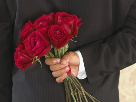 Surprise - red, rose, valentine, black, costume, bouquet, hand, man