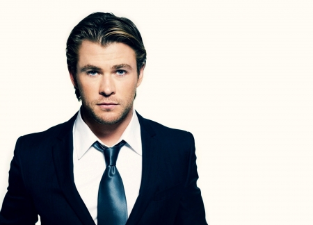 Chris Hemsworth - black, actor, male, blue, white, chris hemsworth, blond, costume, man