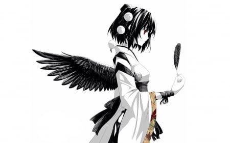 Black Wings - feather, winged, kimono, anime, anime girl, black wings, angel