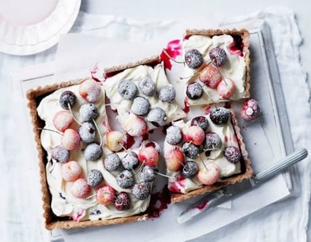 Scrumptious Dessert - cream, flancase, cherries, icing