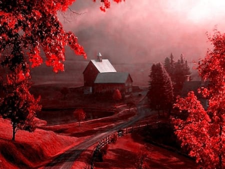 Red nature - path, trees, nature, red, field, farm