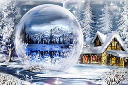 bubble in the snow - trees, mountain, river, frozan lake, house