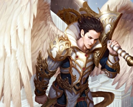 Ygrael - feather, sword, lasahido, game, legend of the cryptids, wings, white, ygrael restoring faith, fantasy, armor, guy, angel, man