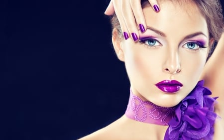 Beauty - girl, beauty, pink, lips, make-up, purple, hand, woman, model, face